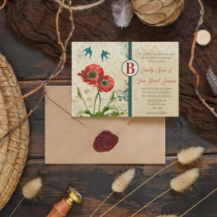 Invitation Rouge et bleu sarcelle Oiseaux d'amour Damassé Pav