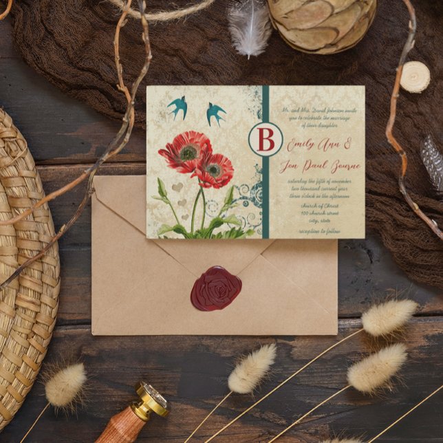 Invitation Rouge et bleu sarcelle Oiseaux d'amour Damassé Pav (Créateur téléchargé)