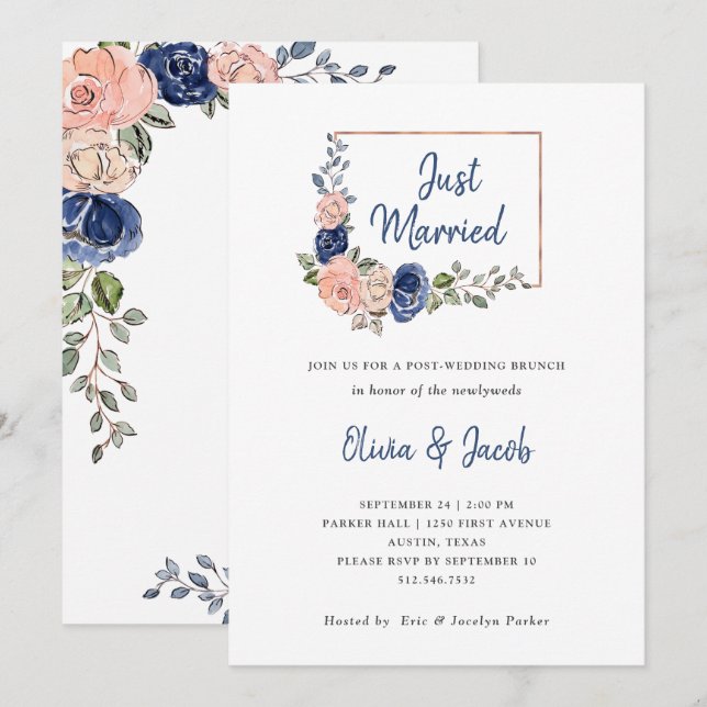 Invitation Rouge et fleurs géométriques Navy | Tout juste mar (Devant / Derrière)