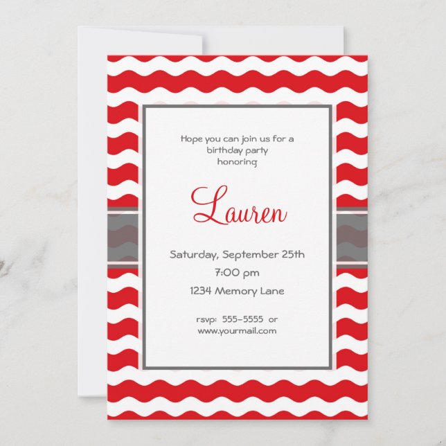 Invitation rouge et grise d'anniversaire (Devant)