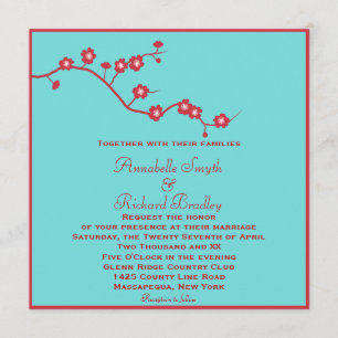 Invitation Rouge et mariage floral de turquoise