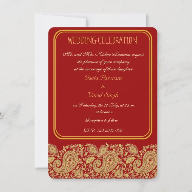 Invitation Rouge et mariage indou de Paisley d'or (Devant)