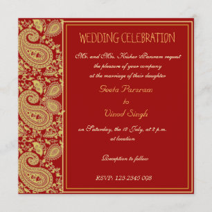 Invitation Rouge et mariage indou de Paisley d'or