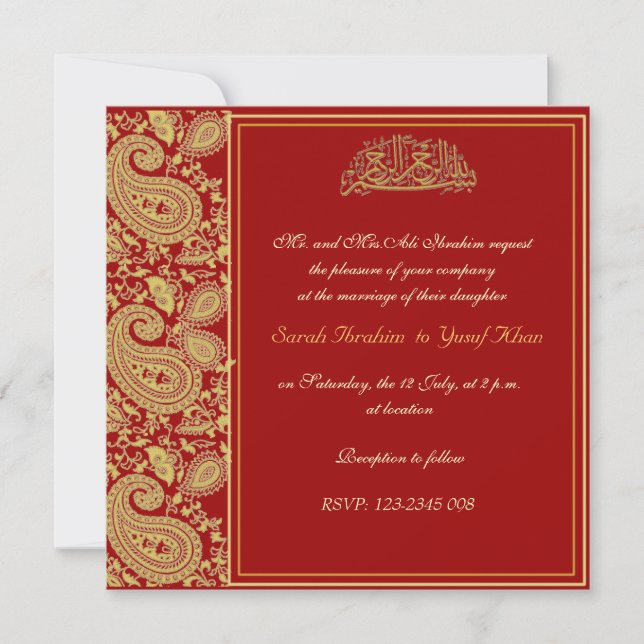 Invitation Rouge et mariage musulman d'or (Devant)