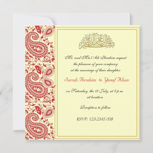 Invitation Rouge et mariage musulman d'or (Devant)