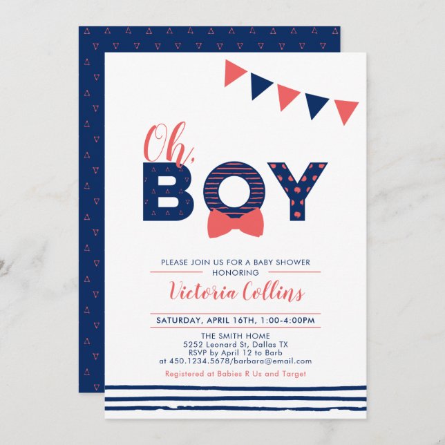 Invitation Rouge et Marine | Typographie moderne Baby shower  (Devant / Derrière)