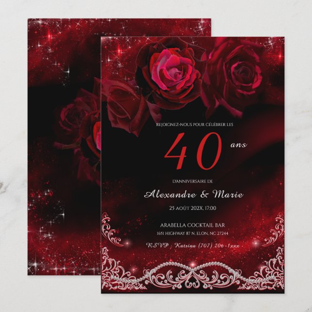 Invitation Rouge et Noir 40e Anniversaire de Mariage (Devant / Derrière)