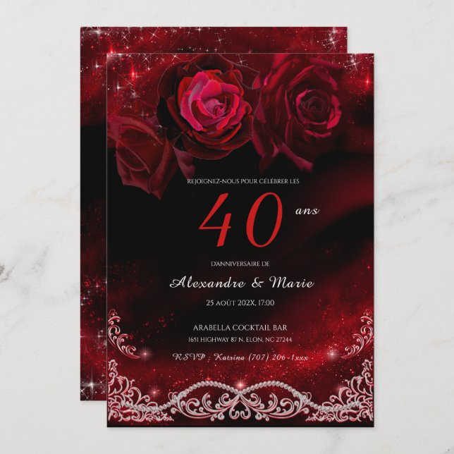 Invitation Rouge et Noir 40e Anniversaire de Mariage becomes  (Devant / Derrière)