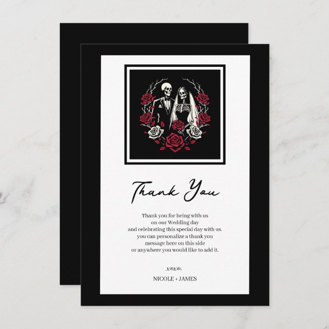 Invitation Rouge et noir blanc Rose Squelette Mariage Merci (Devant / Derrière)