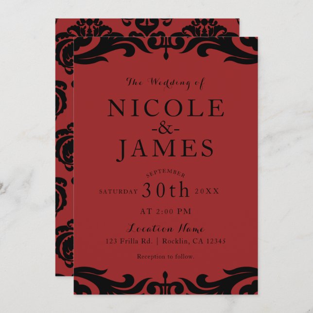 Invitation Rouge et noir Damask Chic Elegant Minimal Mariage (Devant / Derrière)