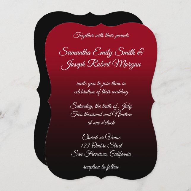 Invitation Rouge et noir Ombre Elegant Mariage de calligraphi (Devant / Derrière)
