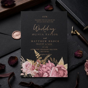 Invitation Rouge et Noir ⎮Rose Poussiéreuse Fleurs Mariage