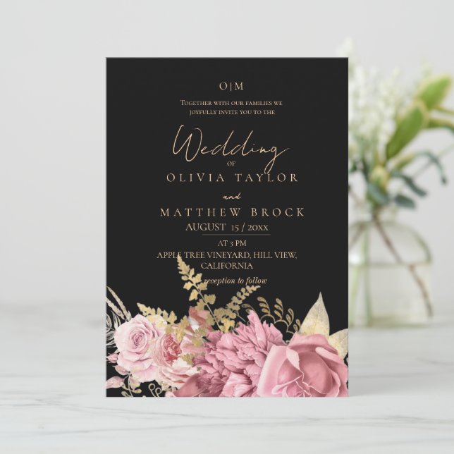 Invitation Rouge et Noir ⎮Rose Poussiéreuse Fleurs Mariage (Debout devant)