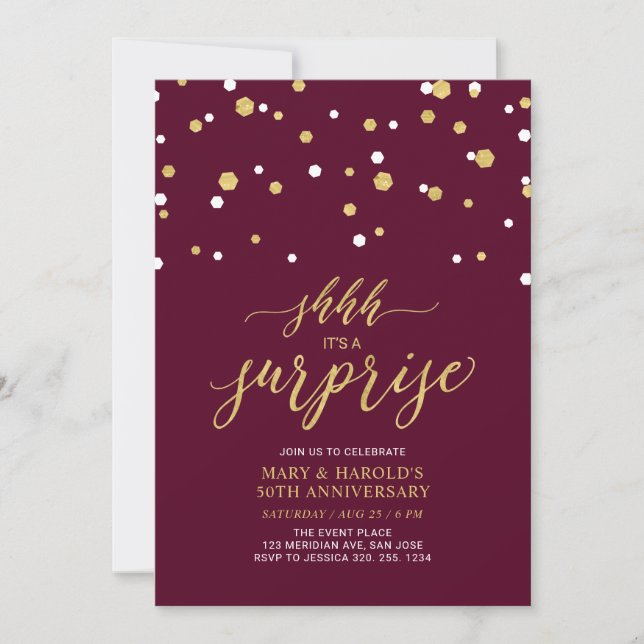 Invitation Rouge et or | 50e anniversaire du Mariage surprise (Devant)