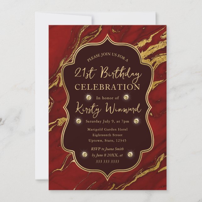 Invitation Rouge et Or Automne Marbre 21e Anniversaire (Devant)