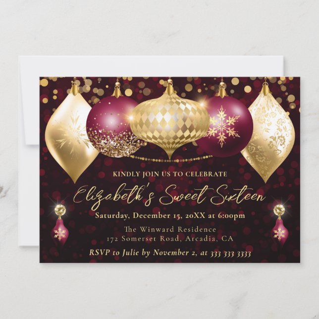 Invitation Rouge et or Baubles de Noël Sweet 16 (Devant)