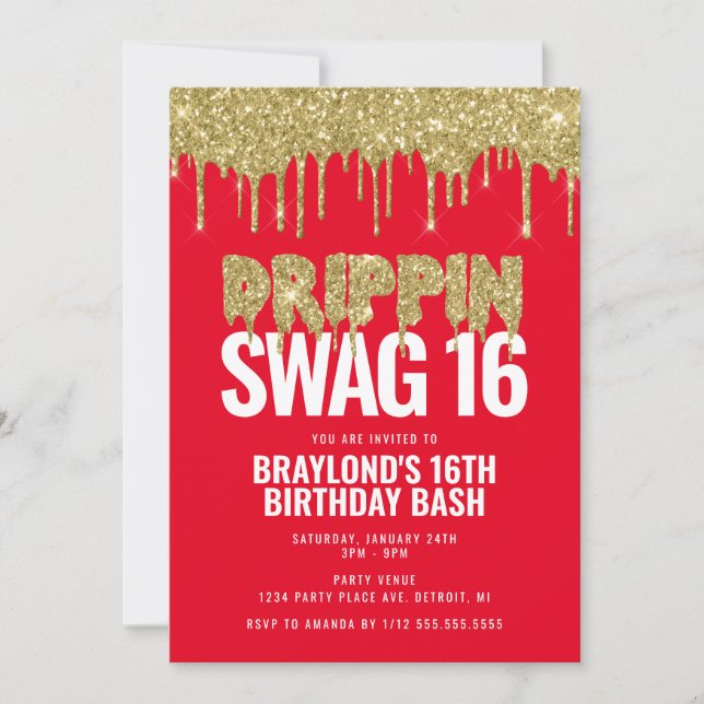 Invitation Rouge et Or Drippin Swag 16 Anniversaire  (Devant)