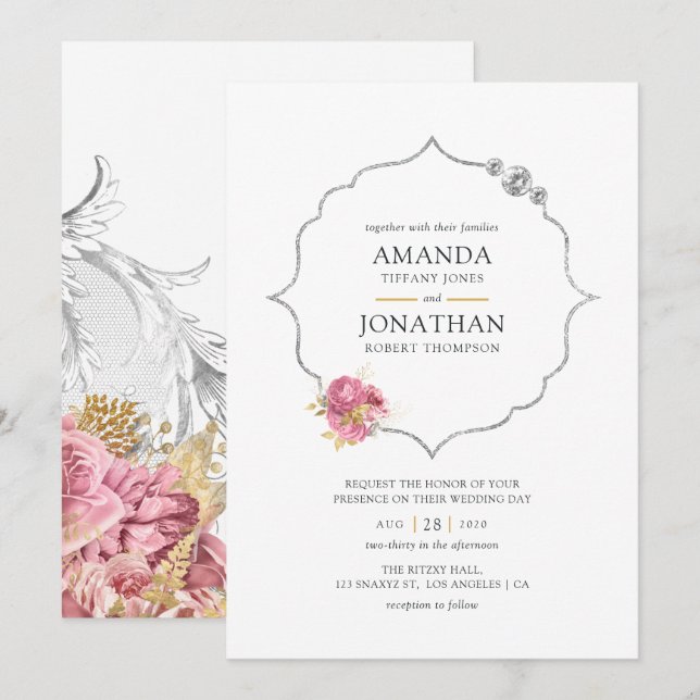 Invitation Rouge et Or et Fleurs Argentées Diamant Mariage (Devant / Derrière)