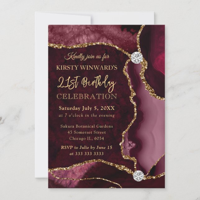 Invitation Rouge et Or Faux Paillettes Anniversaire Agate (Devant)