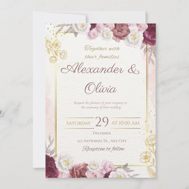 Invitation Rouge et or Floral Rustique Élégant Mariage blanc (Devant)