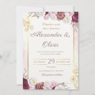 Invitation Rouge et or Floral Rustique Élégant Mariage blanc