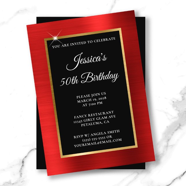 Invitation Rouge et or huile noire 50e anniversaire (Red and Gold Foil Black 50th Birthday Invitation)