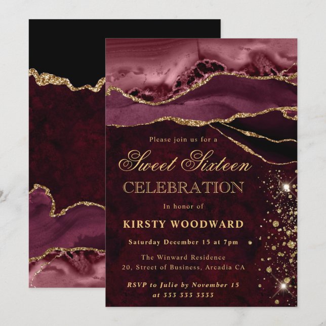 Invitation Rouge et Or Paillettes Agate Douce 16 (Devant / Derrière)
