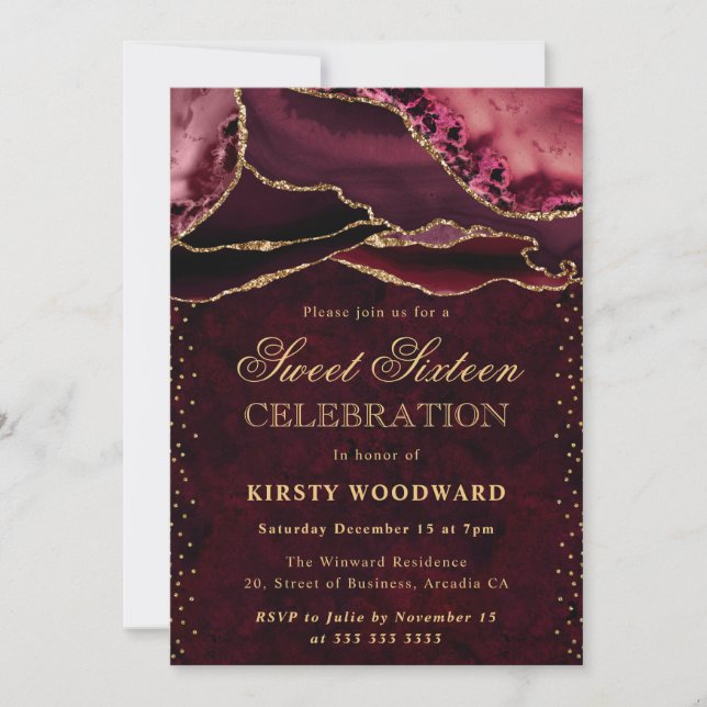 Invitation Rouge et Or Paillettes d'agate Sweet 16 (Devant)