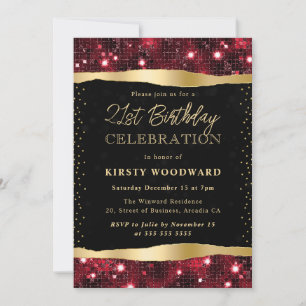 Invitation Rouge et Or Paillettes Scintillement 21e Anniversa