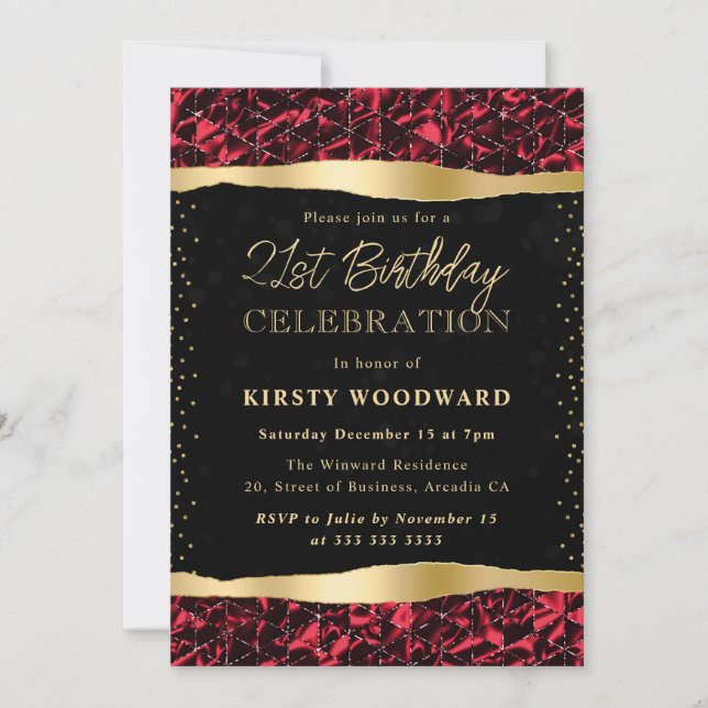 Invitation Rouge et Or Paillettes Scintillement 21e Anniversa (Devant)