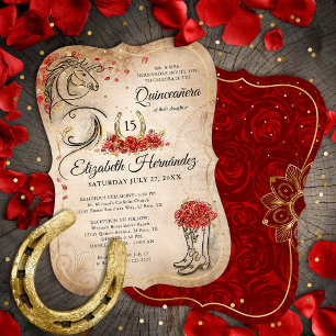 Invitation Rouge et or Rustique Ranchera Mexicaine Quinceaner