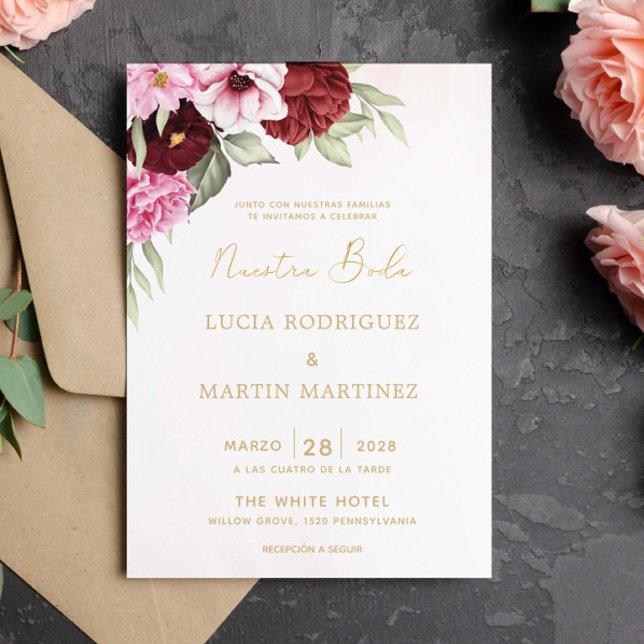 Invitation Rouge et Rose Floral Blanc Nuestra Boda (Créateur téléchargé)