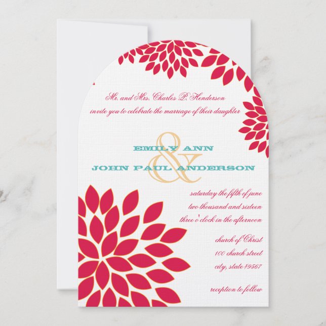 Invitation Rouge et Turquoise Moderne Chrysanthemum (Devant)