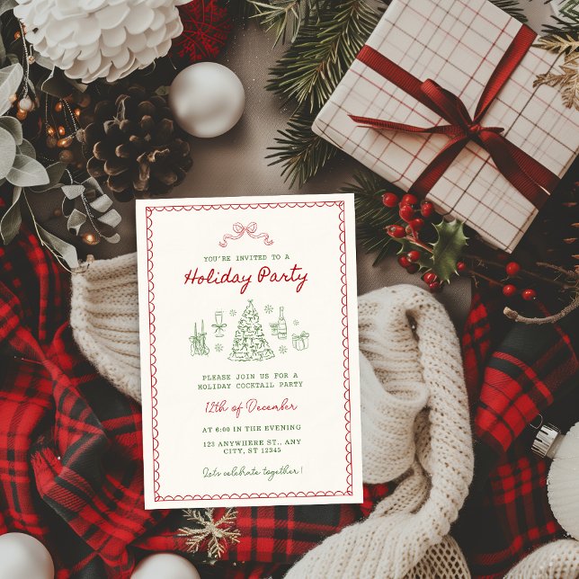 Invitation Rouge et Vert Noël Famille Vintage Doodle (Créateur téléchargé)