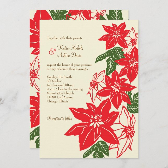Invitation Rouge et vert Poinsettias Mariage de Noël (Devant / Derrière)