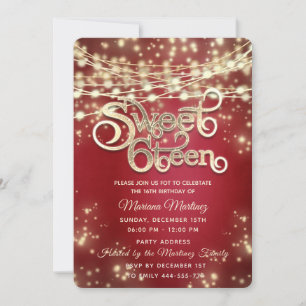 Invitation Rouge fantaisie élégante String lumières or brilla