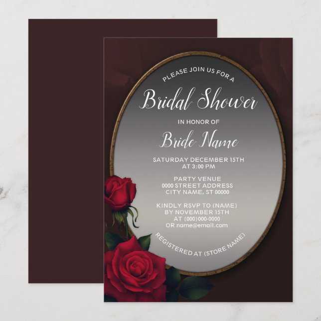 Invitation Rouge Fard Floral Gris Argent Miroir Mariage (Devant / Derrière)
