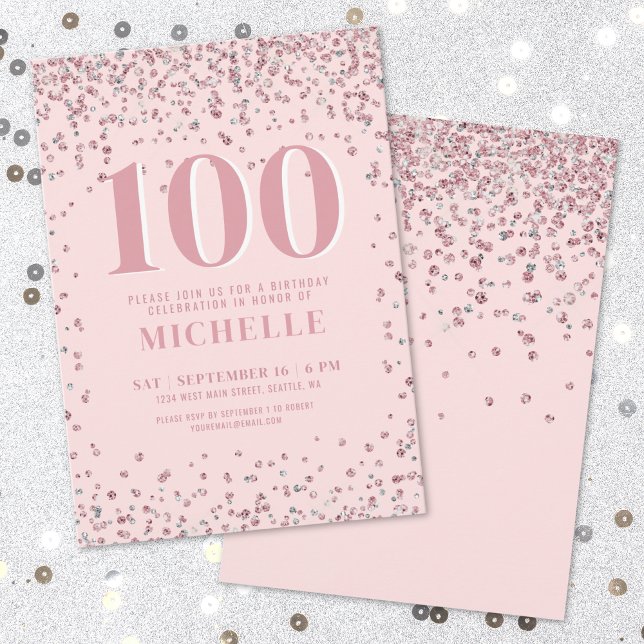 Invitation Rouge Fard Rose 100e Anniversaire (Blush Pink 100th Birthday Invitation)