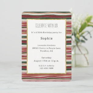 Invitation Rouge Fard Vert Rose Rayures Anniversaire