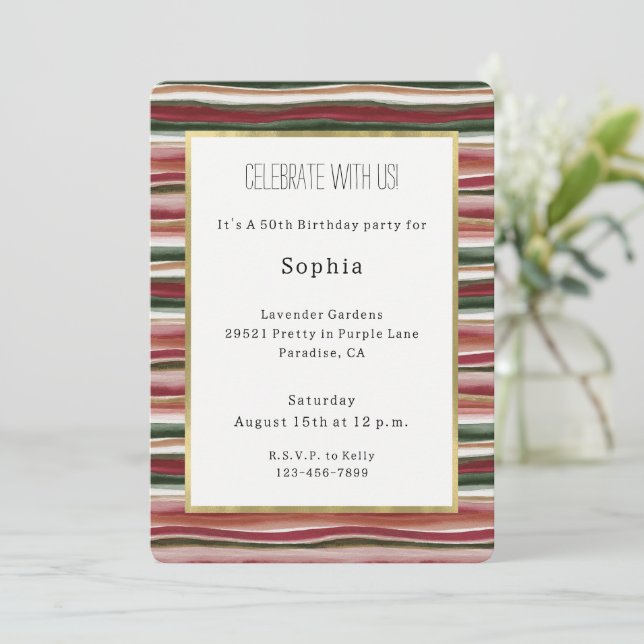Invitation Rouge Fard Vert Rose Rayures Anniversaire (Debout devant)