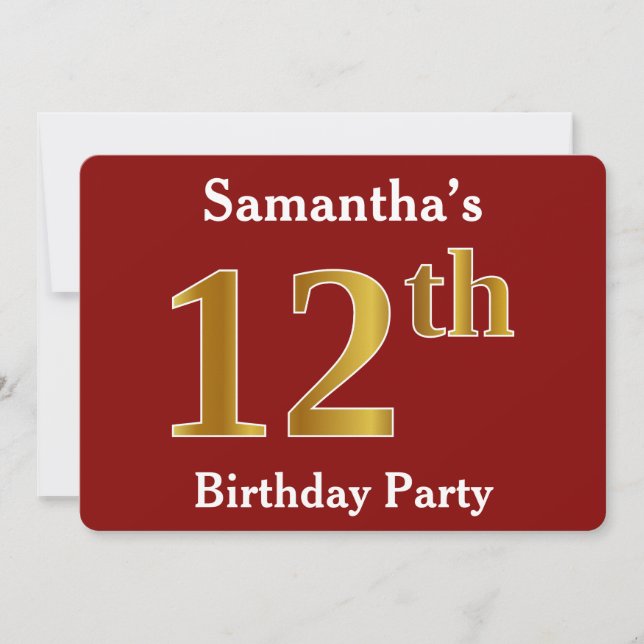Invitation Rouge, Faux Gold 12e fête d'anniversaire + Nom per (Devant)