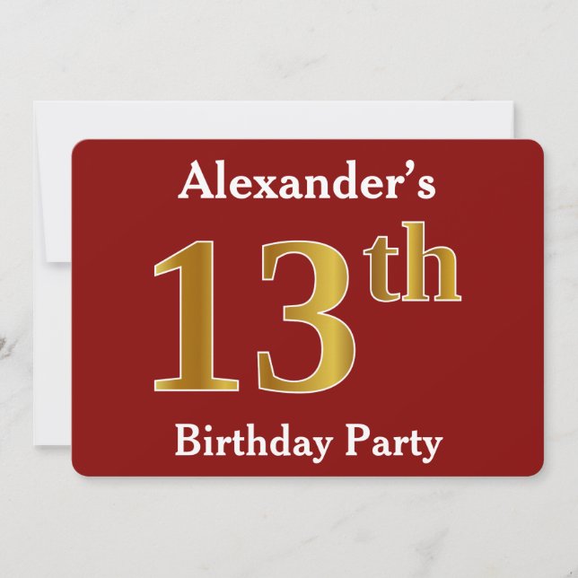 Invitation Rouge, Faux Gold 13e fête d'anniversaire + Nom per (Devant)