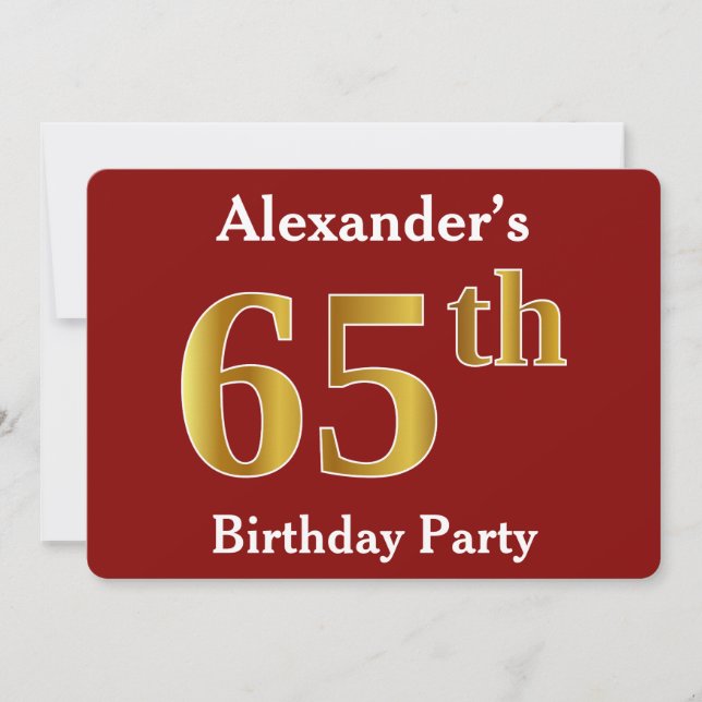 Invitation Rouge, Faux Gold 65e fête d'anniversaire + Nom per (Devant)