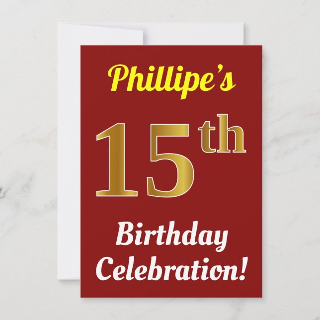 Invitation Rouge, Faux Or Célébration d'anniversaire 15 ans + (Devant)