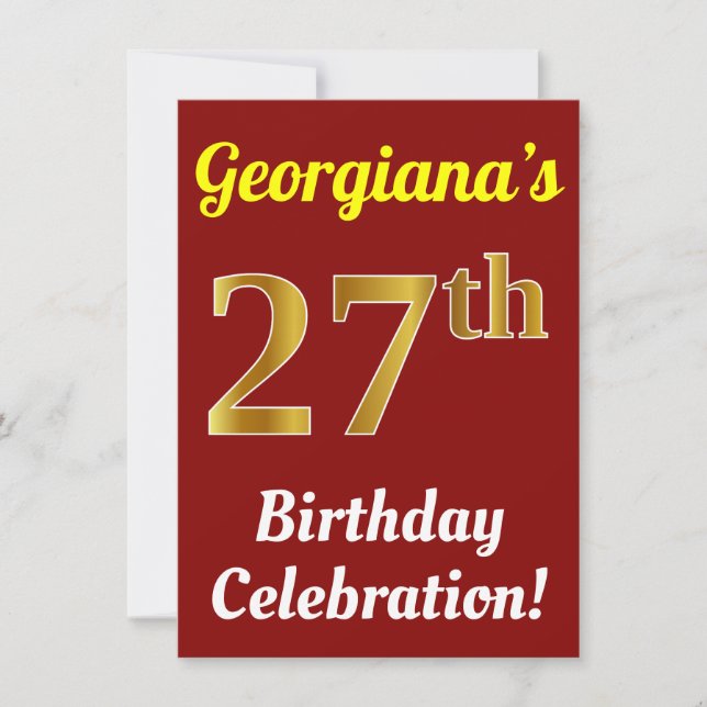 Invitation Rouge, Faux Or Célébration d'anniversaire 27 ans + (Devant)