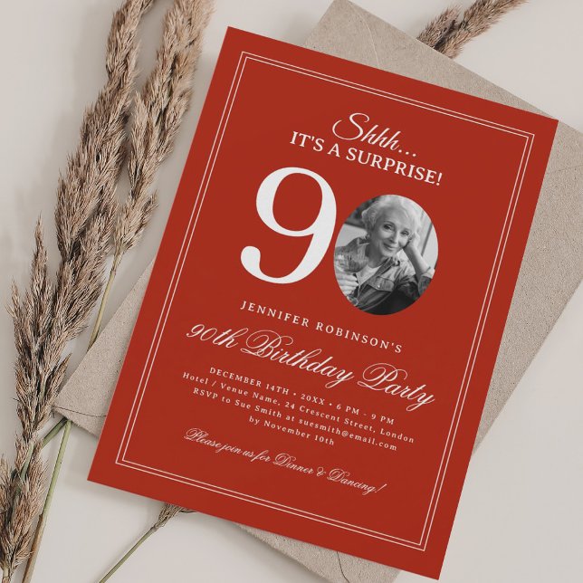 Invitation Rouge | Fête surprise pour 90e anniversaire (Red | Surprise 90th Birthday Party Invitation)
