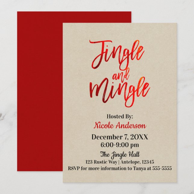 Invitation Rouge Feuille Moderne et Élégant Soirée Jingle & M (Devant / Derrière)