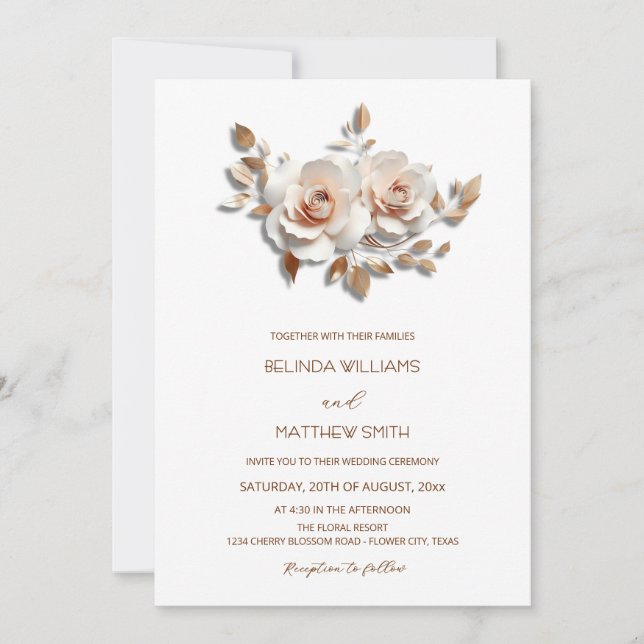 Invitation Rouge Fleurs 3D Or Rose Simple (Devant)