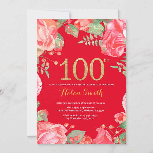 Invitation Rouge Floral 100e anniversaire Parties scintillant (Devant)