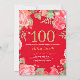 Invitation Rouge Floral 100e anniversaire Parties scintillant